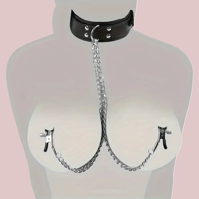 Totally Faux Leather Choker with Nipple Clamps