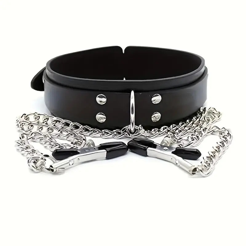 Totally Faux Leather Choker with Nipple Clamps