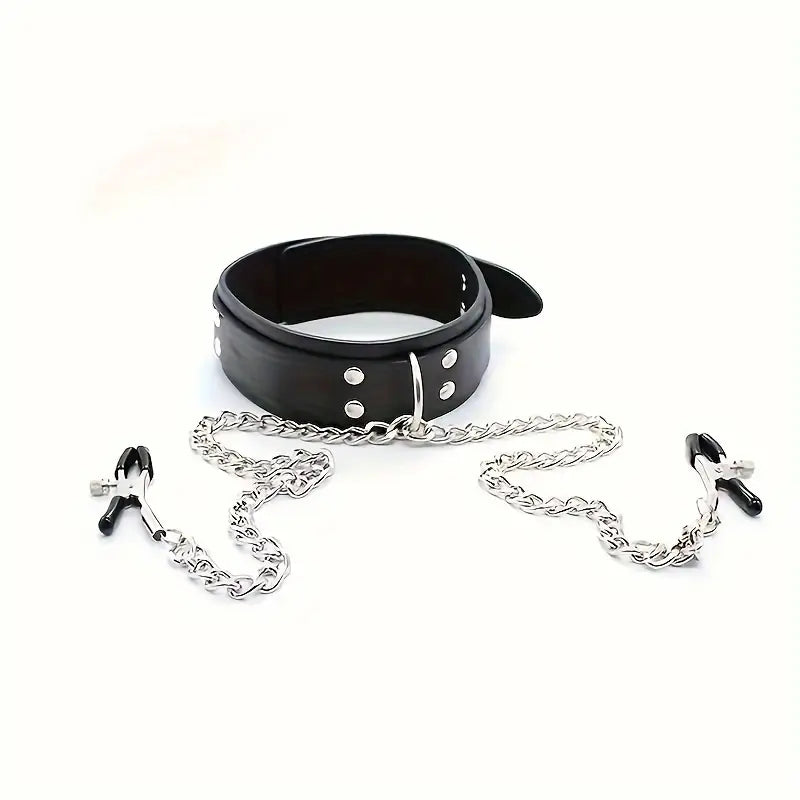 Totally Faux Leather Choker with Nipple Clamps