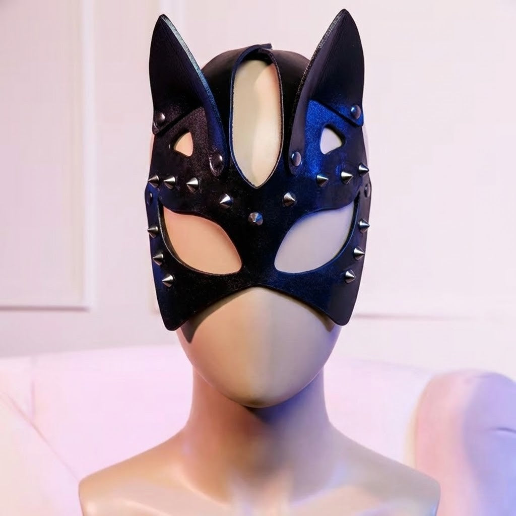 Studded Faux Leather Cat Ear Mask- Adjustable