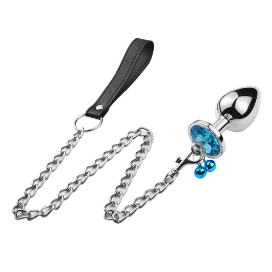Totally Gemmed Plug with Leash – Metal Butt Plug with Bells & Crystal Gem