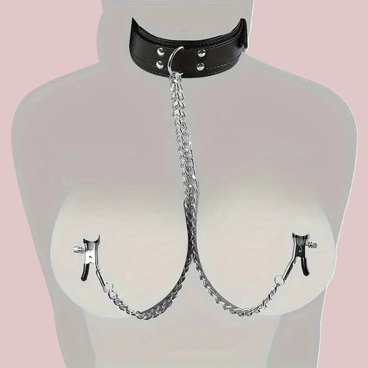 Totally Faux Leather Choker with Nipple Clamps