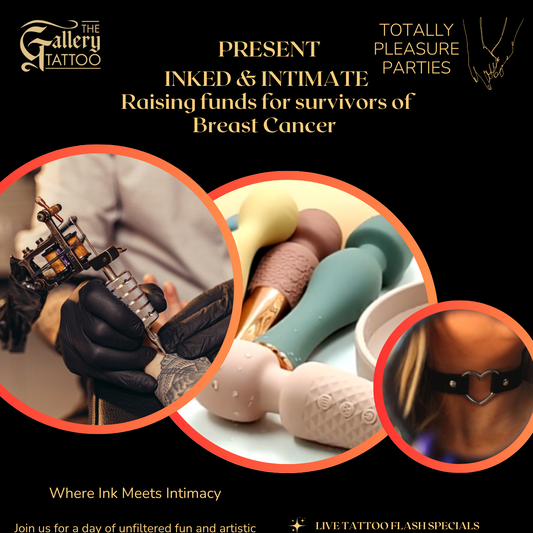 Advertisement for a fundraising event at The Gallery Tattoo Studio, featuring tattoos and related products.