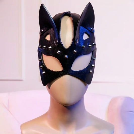 Studded Faux Leather Cat Ear Mask- Adjustable